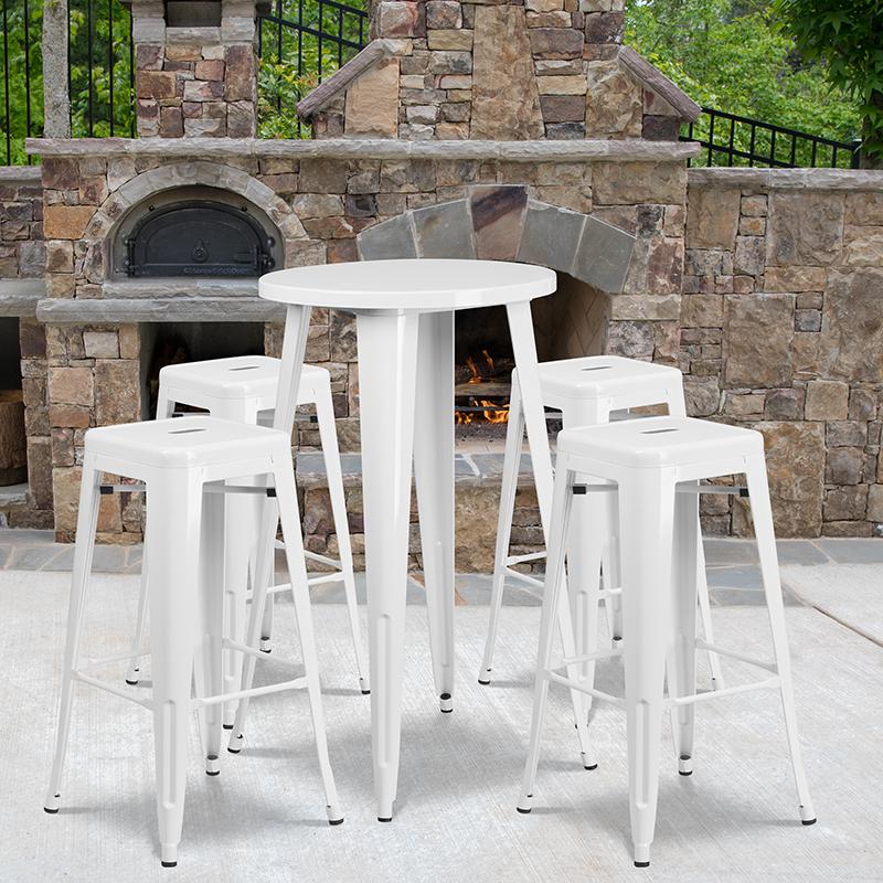 24'' Round White Metal In-Outdoor Bar Table Set - 4 Square Seat Backless Stools