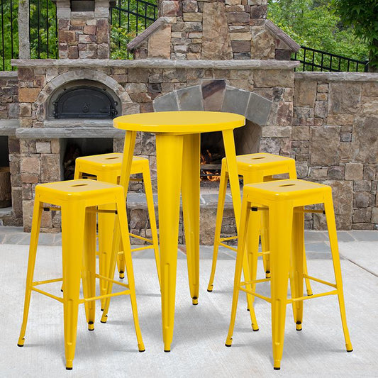 24'' Round Yellow Metal In-Outdoor Bar Table Set-4 Square Seat Backless Stools