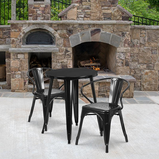 24'' Round Black Metal Indoor-Outdoor Table Set with 2 Arm Chairs