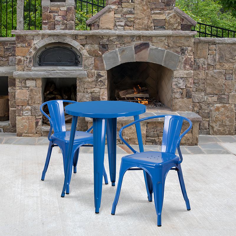 24'' Round Blue Metal Indoor-Outdoor Table Set with 2 Arm Chairs