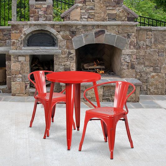 24'' Round Red Metal Indoor-Outdoor Table Set with 2 Arm Chairs