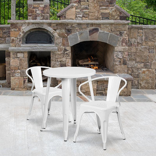 24'' Round White Metal Indoor-Outdoor Table Set with 2 Arm Chairs