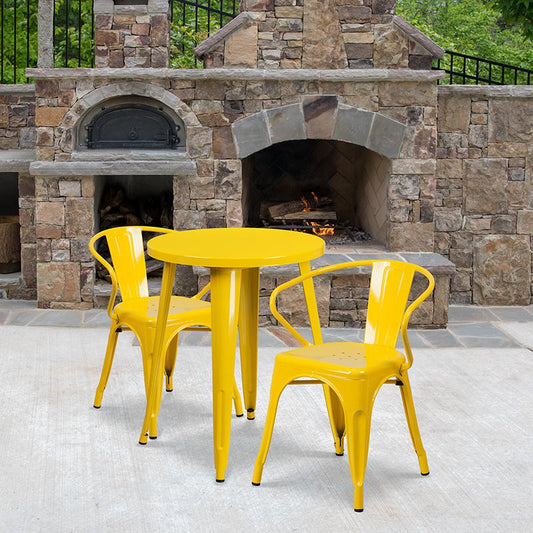 24'' Round Yellow Metal Indoor-Outdoor Table Set with 2 Arm Chairs