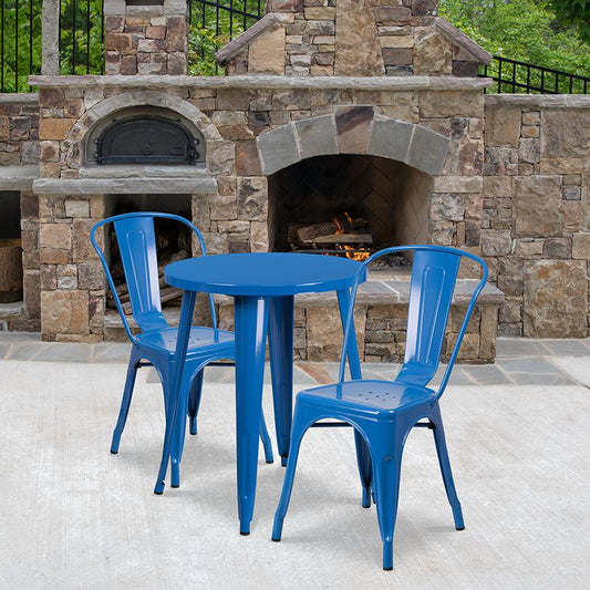 Commercial Grade 24" Round Blue Metal Indoor-Outdoor Table Set with 2 Cafe Chairs