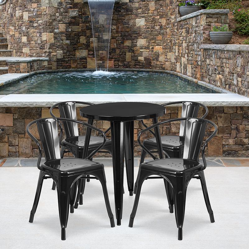 24'' Round Black Metal Indoor-Outdoor Table Set with 4 Arm Chairs