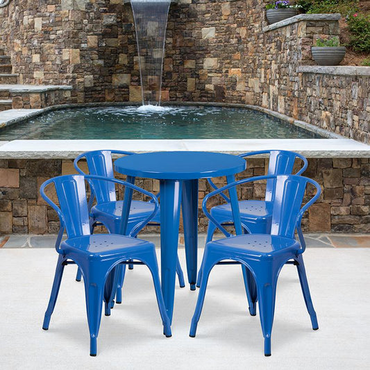 24'' Round Blue Metal Indoor-Outdoor Table Set with 4 Arm Chairs