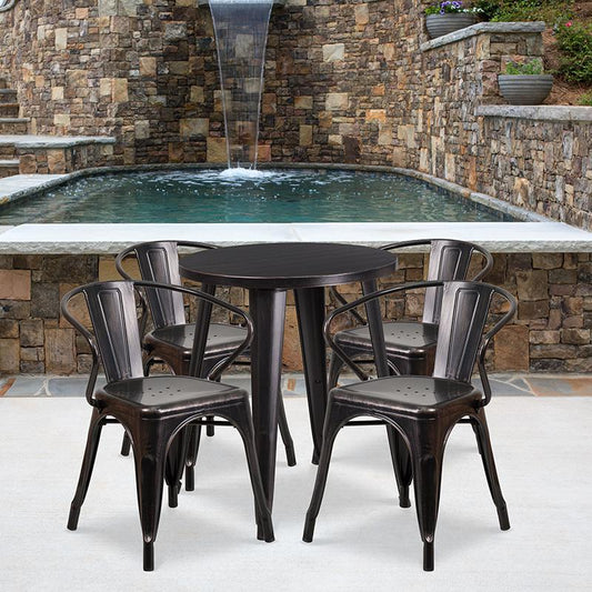 24'' Round Black-Antique Gold Metal Indoor-Outdoor Table Set with 4 Arm Chairs