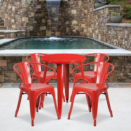 24'' Round Red Metal Indoor-Outdoor Table Set with 4 Arm Chairs