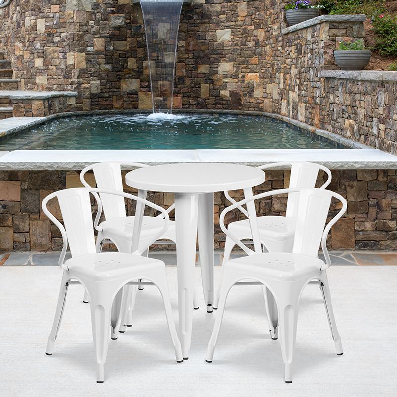 24'' Round White Metal Indoor-Outdoor Table Set with 4 Arm Chairs