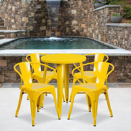 24'' Round Yellow Metal Indoor-Outdoor Table Set with 4 Arm Chairs