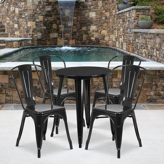 24'' Round Black Metal Indoor-Outdoor Table Set with 4 Cafe Chairs