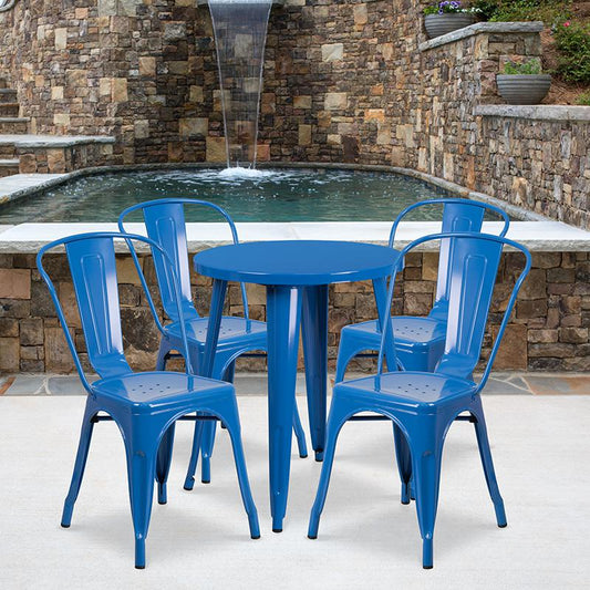 24'' Round Blue Metal Indoor-Outdoor Table Set with 4 Cafe Chairs