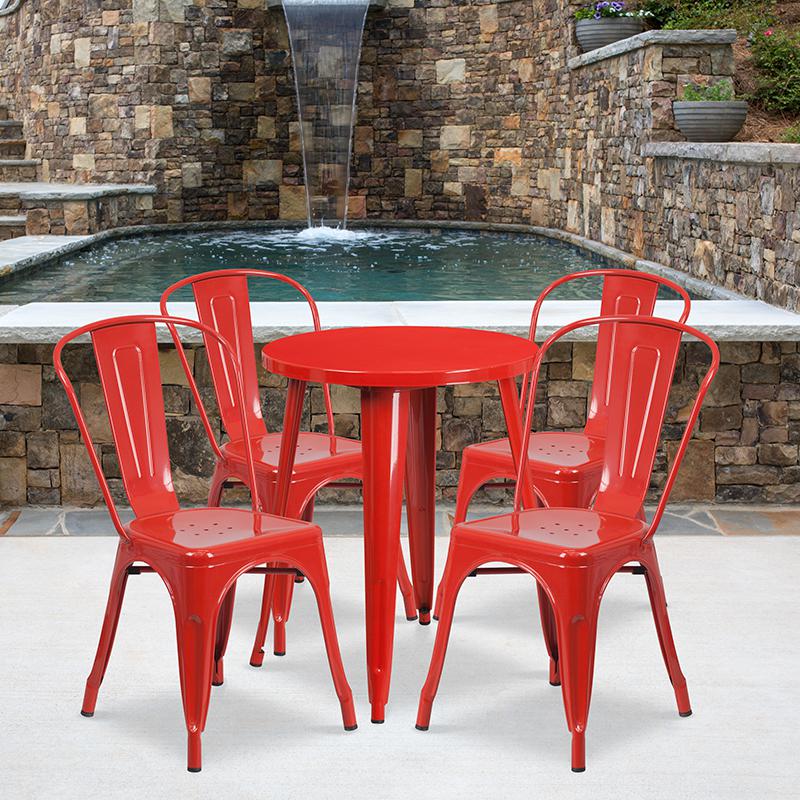 24'' Round Red Metal Indoor-Outdoor Table Set with 4 Cafe Chairs