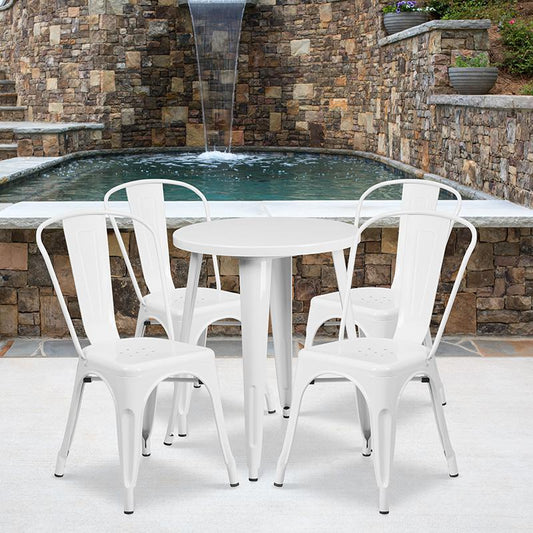 24'' Round White Metal Indoor-Outdoor Table Set with 4 Cafe Chairs