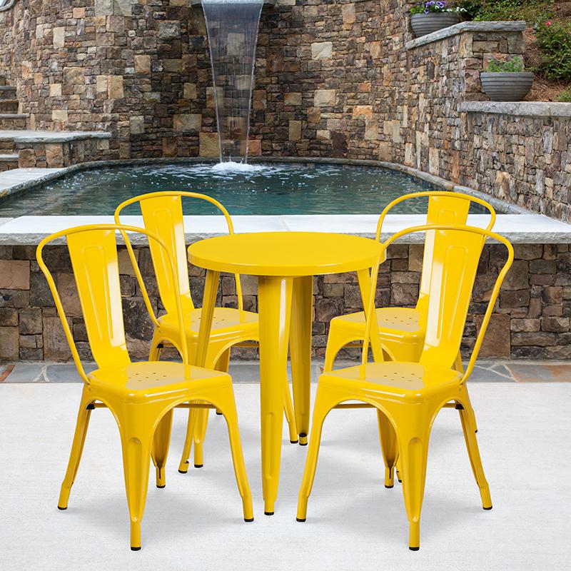 24'' Round Yellow Metal Indoor-Outdoor Table Set with 4 Cafe Chairs