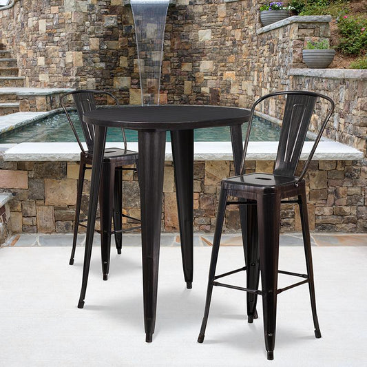 30'' Round Black-Antique Gold Metal In-Outdoor Bar Table Set with 2 Cafe Stools