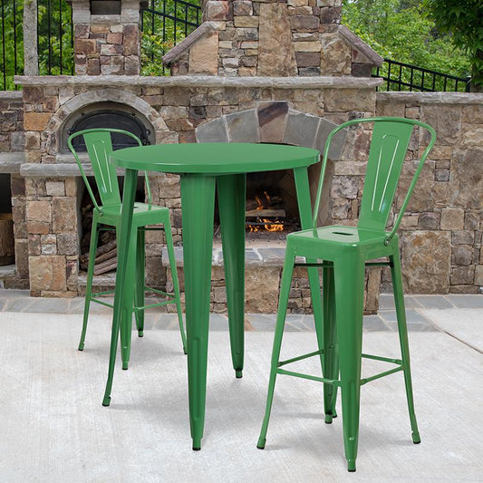 30'' Round Green Metal Indoor-Outdoor Bar Table Set with 2 Cafe Stools