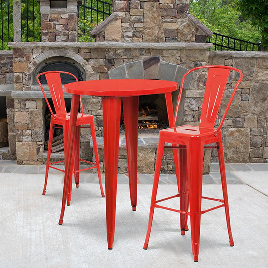 30'' Round Red Metal Indoor-Outdoor Bar Table Set with 2 Cafe Stools