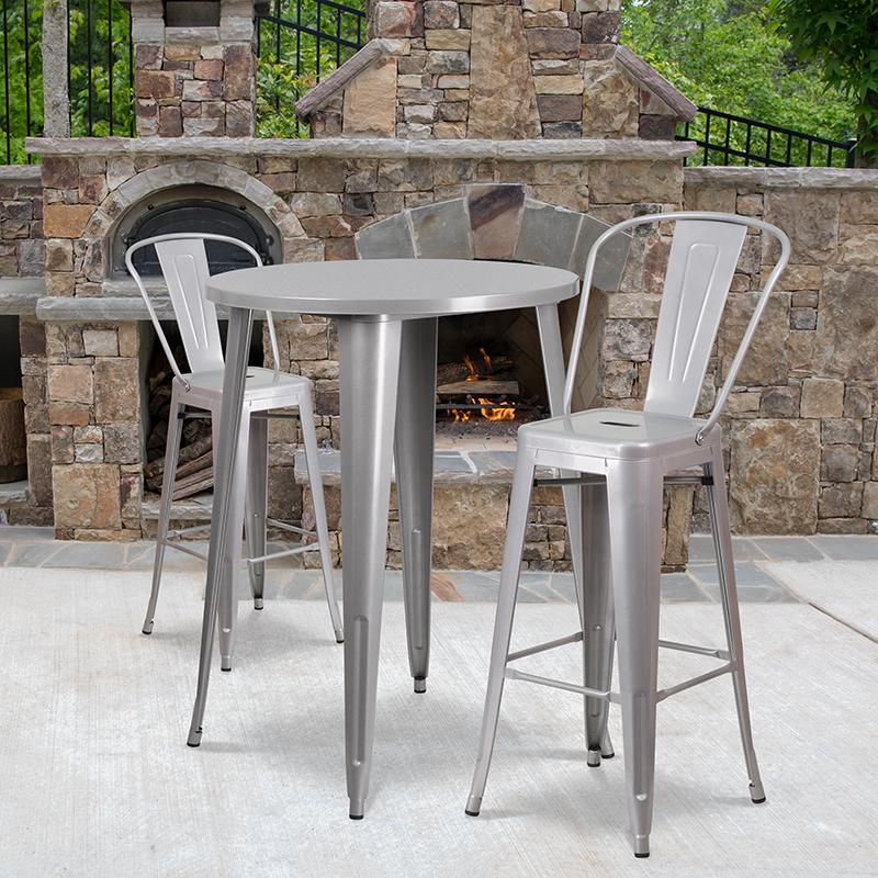 30'' Round Silver Metal Indoor-Outdoor Bar Table Set with 2 Cafe Stools