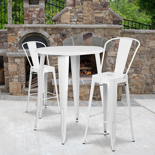 30'' Round White Metal Indoor-Outdoor Bar Table Set with 2 Cafe Stools