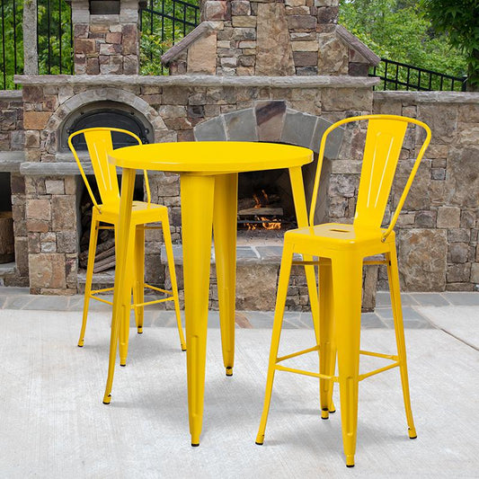 30'' Round Yellow Metal Indoor-Outdoor Bar Table Set with 2 Cafe Stools