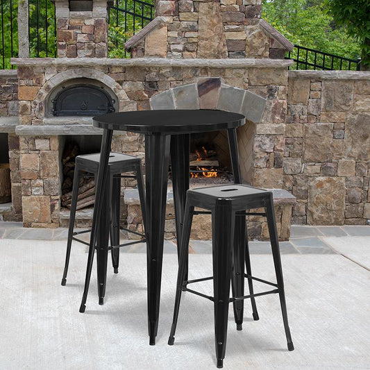 30'' Round Black Metal In-Outdoor Bar Table Set - 2 Square Seat Backless Stools