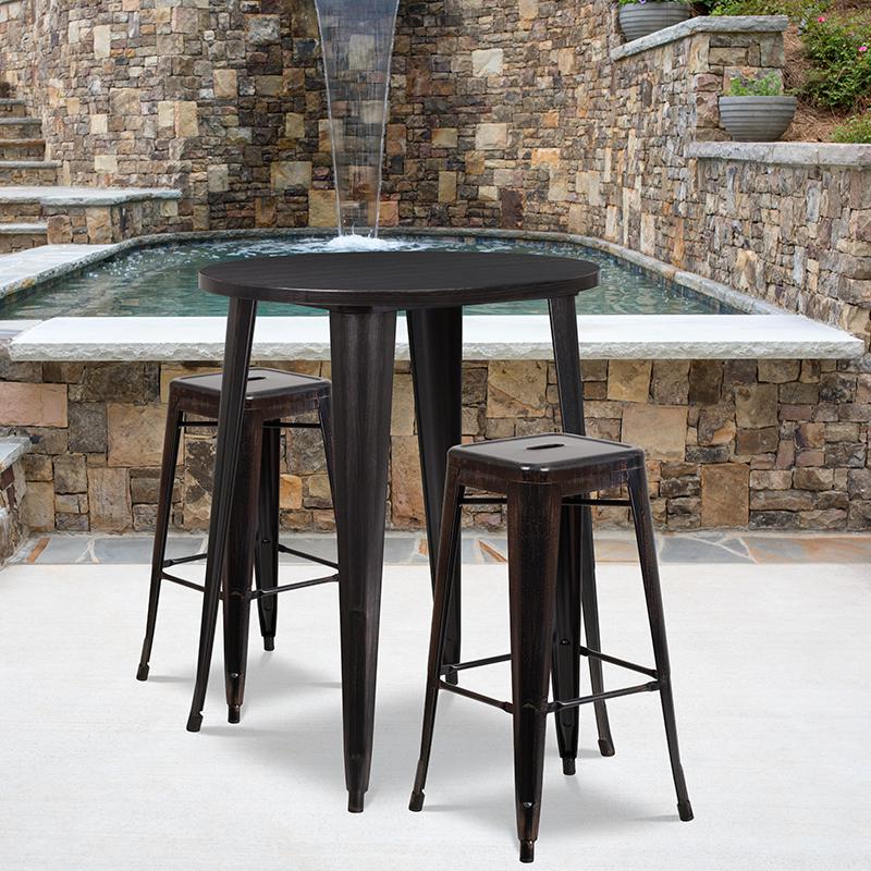 30"Round Black-Antique Gold Metal In-Outdoor Bar Table Set-2 Square Seat Stools