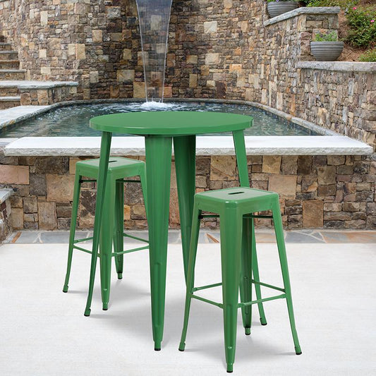 30'' Round Green Metal In-Outdoor Bar Table Set - 2 Square Seat Backless Stools