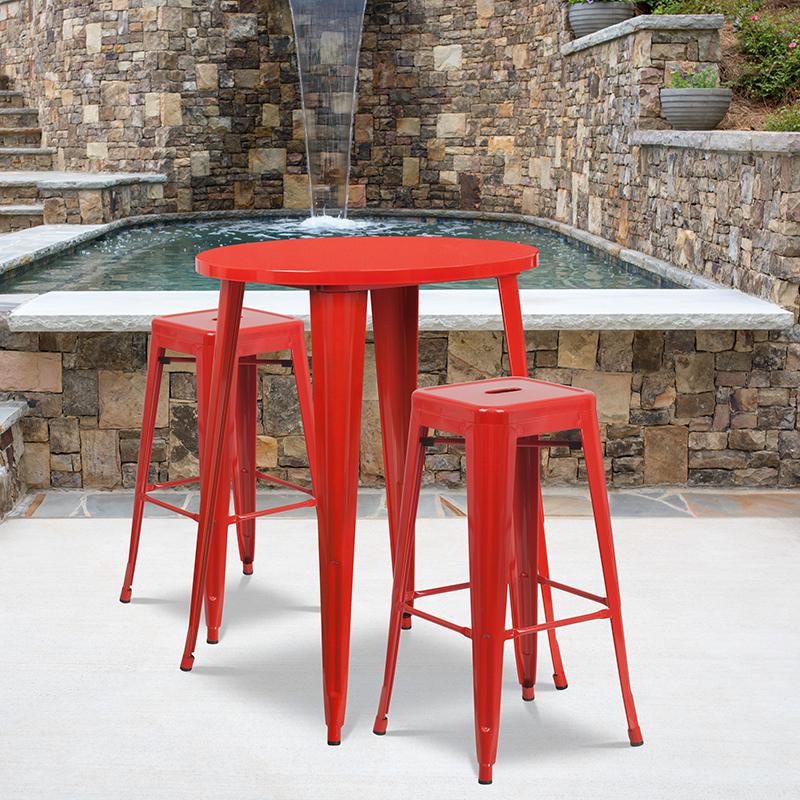 30'' Round Red Metal In-Outdoor Bar Table Set - 2 Square Seat Backless Stools