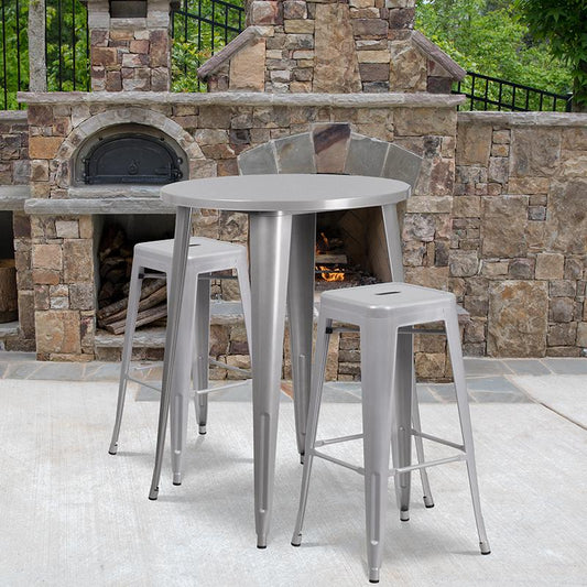 30'' Round Silver Metal In-Outdoor Bar Table Set-2 Square Seat Backless Stools