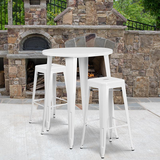 30'' Round White Metal In-Outdoor Bar Table Set - 2 Square Seat Backless Stools