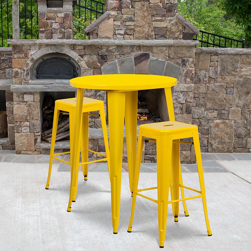 30'' Round Yellow Metal In-Outdoor Bar Table Set-2 Square Seat Backless Stools