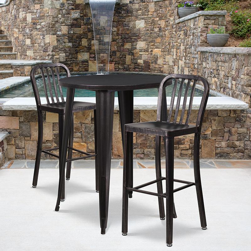 30"Round Black-Antique Gold Metal In-Outdoor Bar Table Set-2 Vertical SlatStools