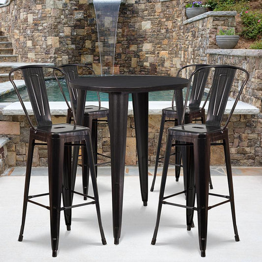 30'' Round Black-Antique Gold Metal In-Outdoor Bar Table Set with 4 Cafe Stools