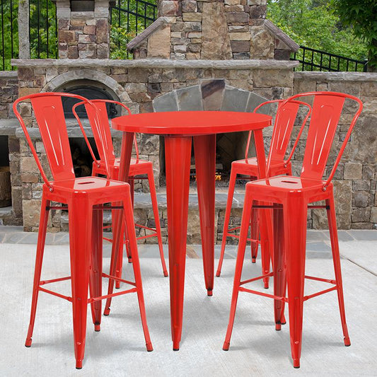 30'' Round Red Metal Indoor-Outdoor Bar Table Set with 4 Cafe Stools