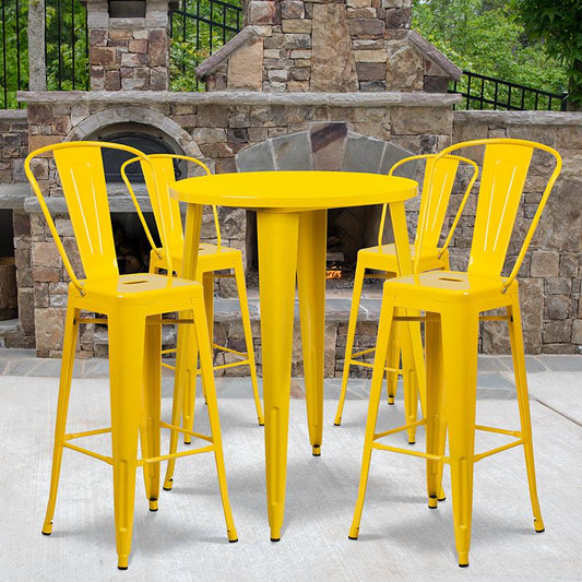 30'' Round Yellow Metal Indoor-Outdoor Bar Table Set with 4 Cafe Stools