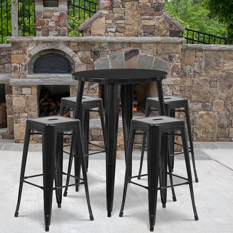 30'' Round Black Metal In-Outdoor Bar Table Set - 4 Square Seat Backless Stools