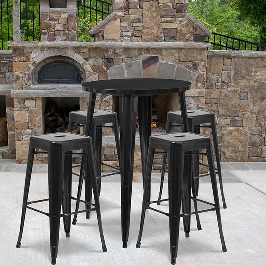 30'' Round Black Metal In-Outdoor Bar Table Set - 4 Square Seat Backless Stools