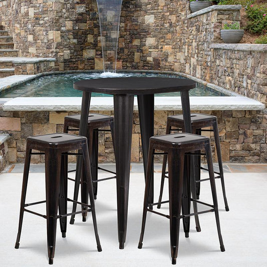 30"Round Black-Antique Gold Metal In-Outdoor Bar Table Set-4 Square Seat Stools