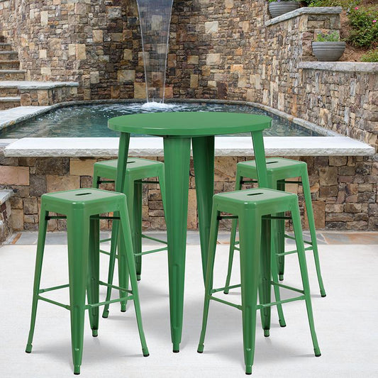 30'' Round Green Metal In-Outdoor Bar Table Set - 4 Square Seat Backless Stools