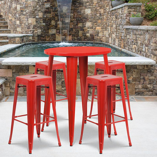 30'' Round Red Metal In-Outdoor Bar Table Set - 4 Square Seat Backless Stools