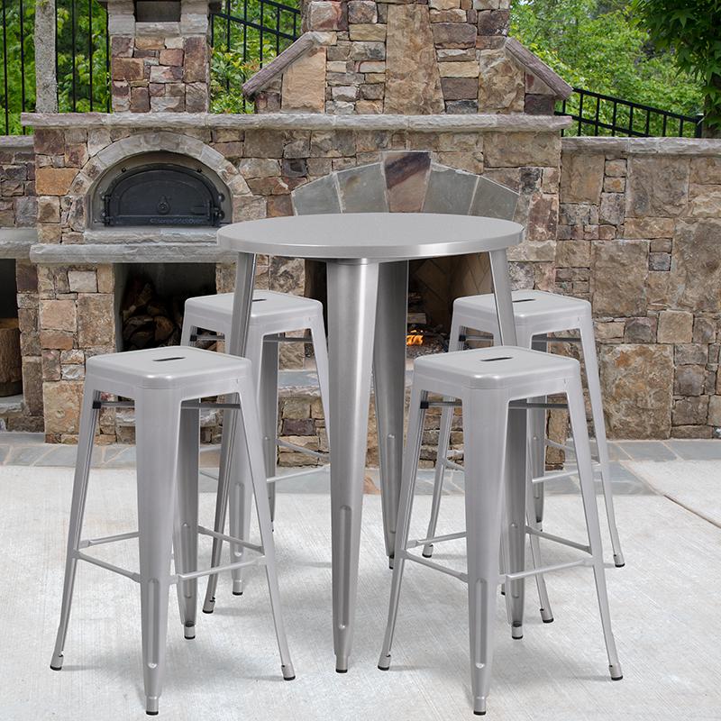 30'' Round Silver Metal In-Outdoor Bar Table Set-4 Square Seat Backless Stools