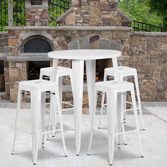 30'' Round White Metal In-Outdoor Bar Table Set - 4 Square Seat Backless Stools