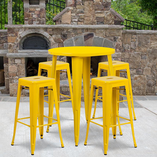 30'' Round Yellow Metal In-Outdoor Bar Table Set-4 Square Seat Backless Stools