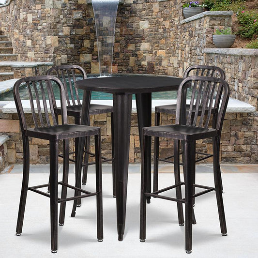 30"Round Black-Antique Gold Metal In-Outdoor Bar Table Set-4 Vertical SlatStools