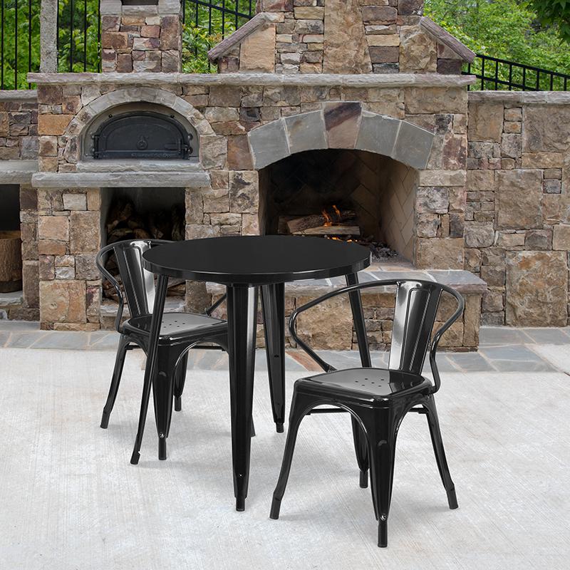 30'' Round Black Metal Indoor-Outdoor Table Set with 2 Arm Chairs