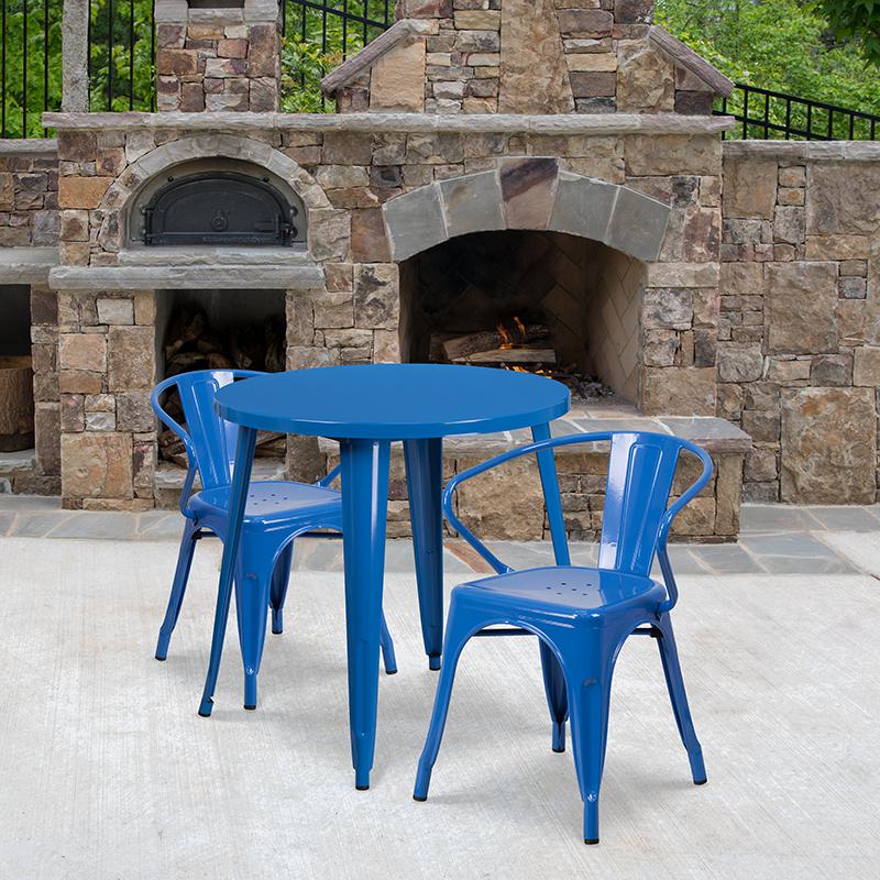 30'' Round Blue Metal Indoor-Outdoor Table Set with 2 Arm Chairs