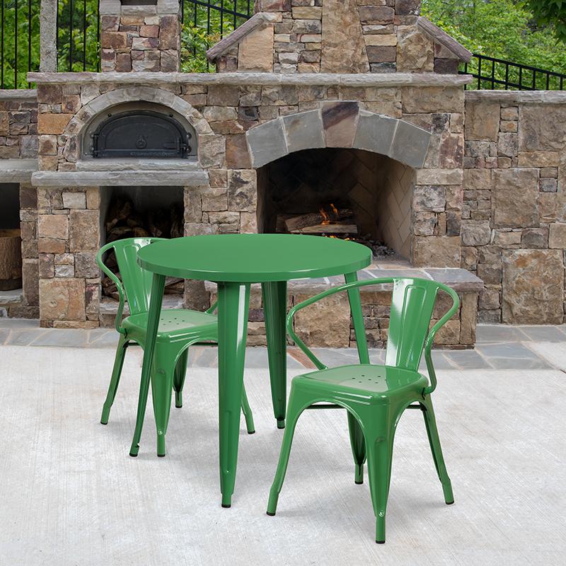 30'' Round Green Metal Indoor-Outdoor Table Set with 2 Arm Chairs