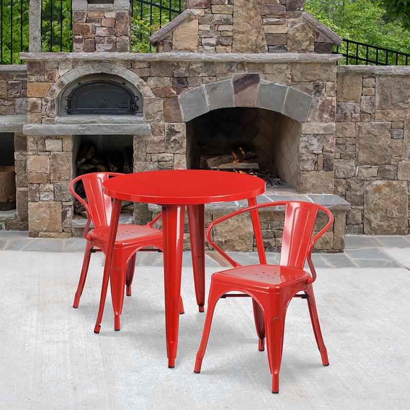 30'' Round Red Metal Indoor-Outdoor Table Set with 2 Arm Chairs