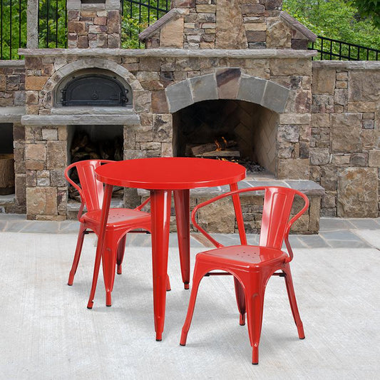 30'' Round Red Metal Indoor-Outdoor Table Set with 2 Arm Chairs